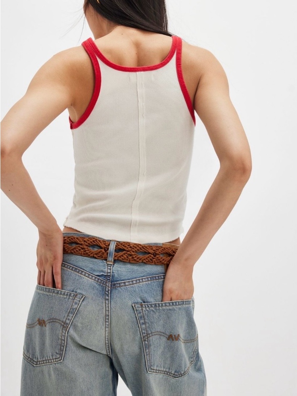 Free People White Ribbed Tank with Red Contrast Trim - Picture 2 of 3